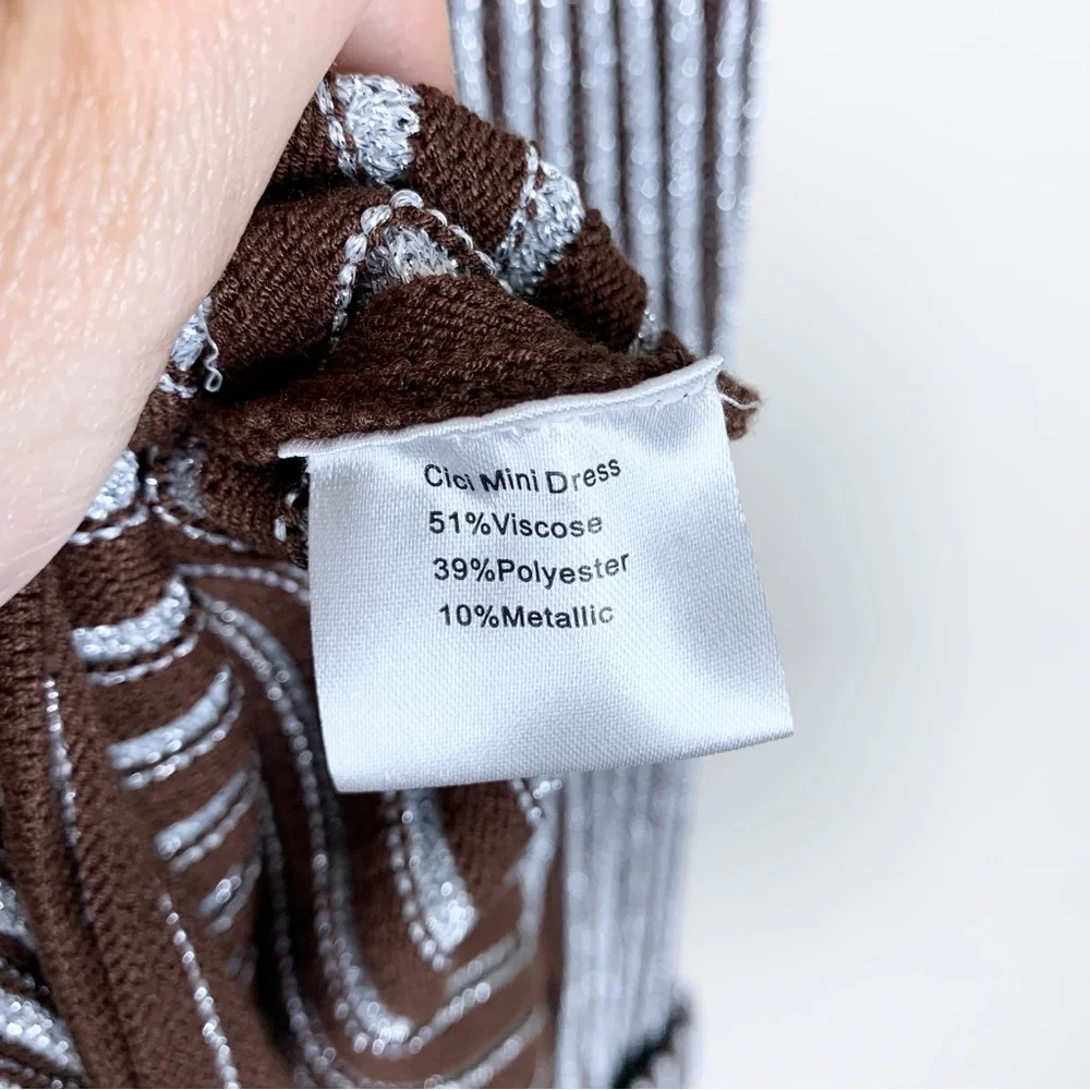 Hanifa Cici Knit Mini Dress (Sz S) Ribbed Long Sleeve Turtleneck Brown Silver - Picture 15 of 16